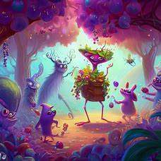 Imagine a magical grape-picking forest filled with unique and quirky creatures who love to pick and taste grapes every day.