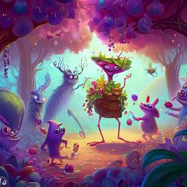 Imagine a magical grape-picking forest filled with unique and quirky creatures who love to pick and taste grapes every day.. Image 1 of 4