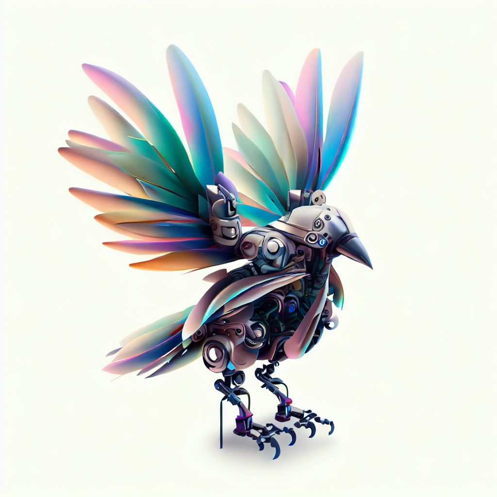 Create a robot that resembles a bird, with feathers and wings.。第 3 个图像，共 4 个图像