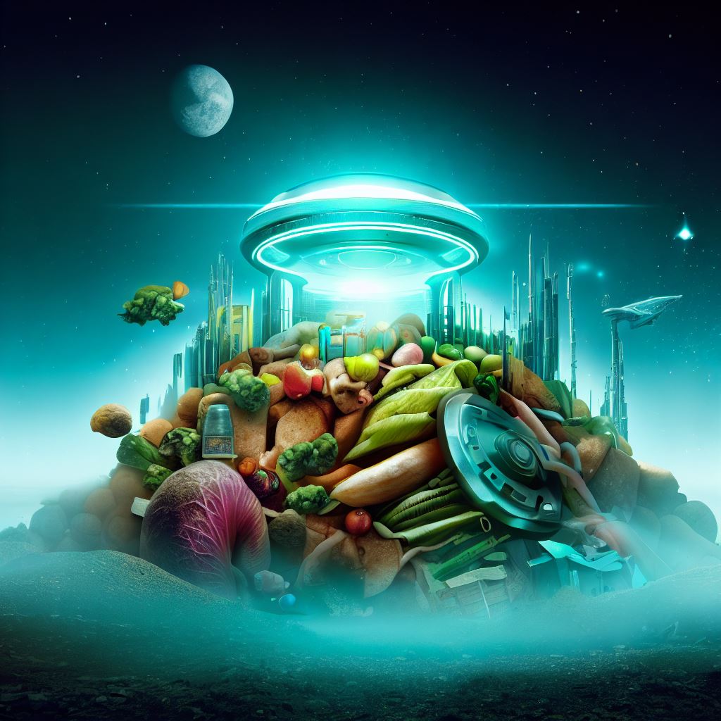 Create an image of a futuristic world where food waste is minimized and recycled efficiently.