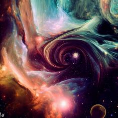 An imaginative depiction of the universe, with swirling, vibrant galaxies and mysterious, dark nebulae.