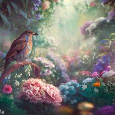 An enchanting garden with a beautiful thrush sitting among the flowers