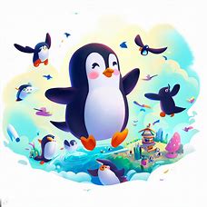 Illustrate a world where penguins fly and everything is full of happiness.