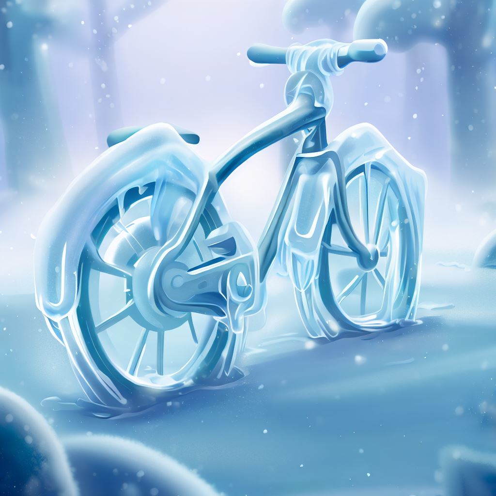 Illustrate a bike made of ice in a winter wonderland.