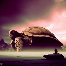 Make a surreal landscape featuring a tortoise as the centerpiece