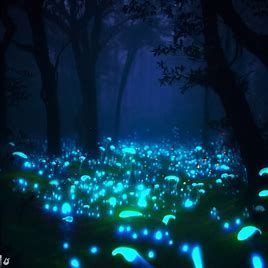 Show me an image of a magical forest filled with glowing, bioluminescent slimes.