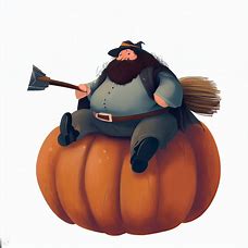 Create a whimsical illustration of Hagrid, the beloved groundskeeper of Hogwarts, sitting on a giant pumpkin while holding a broomstick.