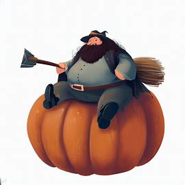 Create a whimsical illustration of Hagrid, the beloved groundskeeper of Hogwarts, sitting on a giant pumpkin while holding a broomstick.. Image 1 of 4