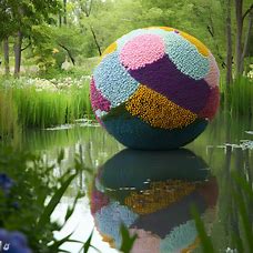 Design a ball made entirely of flowers, and let it be gently sinking in a pond surrounded by trees and reeds.