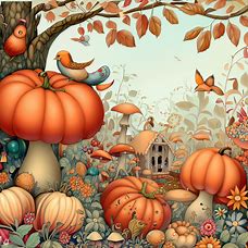 Design a whimsical autumn garden filled with pumpkins, mushrooms, and singing birds.