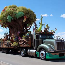 A truck designed specifically to transport a giant, magical tree across the country, with whimsical creatures and flora sprouting from its branches.. Image 3 of 4