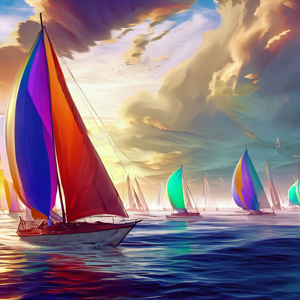 Imagine a majestic yachting competition on the open sea, with wind-powered vessels and vibrant sails.。第 3 个图像，共 4 个图像