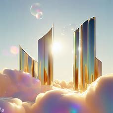 Design a futuristic cityscape with towering skyscrapers made of soap, reflecting the sun and surrounded by fluffy clouds of bubbles.