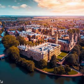 Create a stunning aerial view of Cambridge, UK with its iconic buildings and river. Image 4 of 4