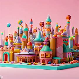 Imagine a whimsical world where every building is made of candy and sweets. Show me a snapshot of the bustling city of 'Candy Preston. Image 4 of 4