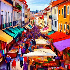 Paint a picture of Lisbon's bright and bustling street markets, packed with vendors selling everything from fresh seafood to handmade trinkets.. Image 4 of 4