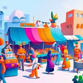 Create a vibrant and bustling outdoor market scene that showcases the diversity of cultures and goods sold.. Image 2 of 4