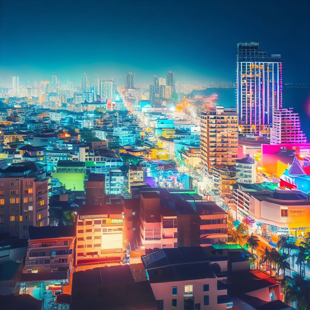 Craft a stunning cityscape view of a bustling city with colorful buildings and bright lights for a night-time vacation.