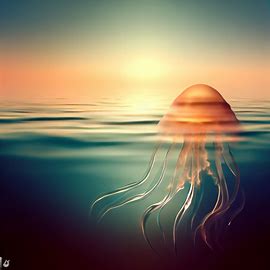Create an image of a whimsical, translucent jellyfish floating peacefully in a sunset lit ocean.. Image 3 of 4