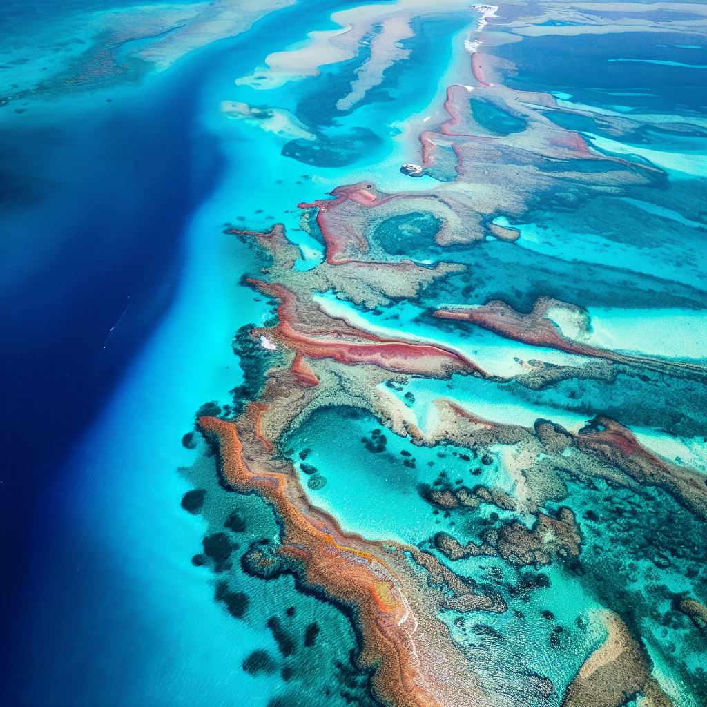 A breathtaking aerial shot of a vibrant coral reef surrounded by cerulean waters teeming with sea life