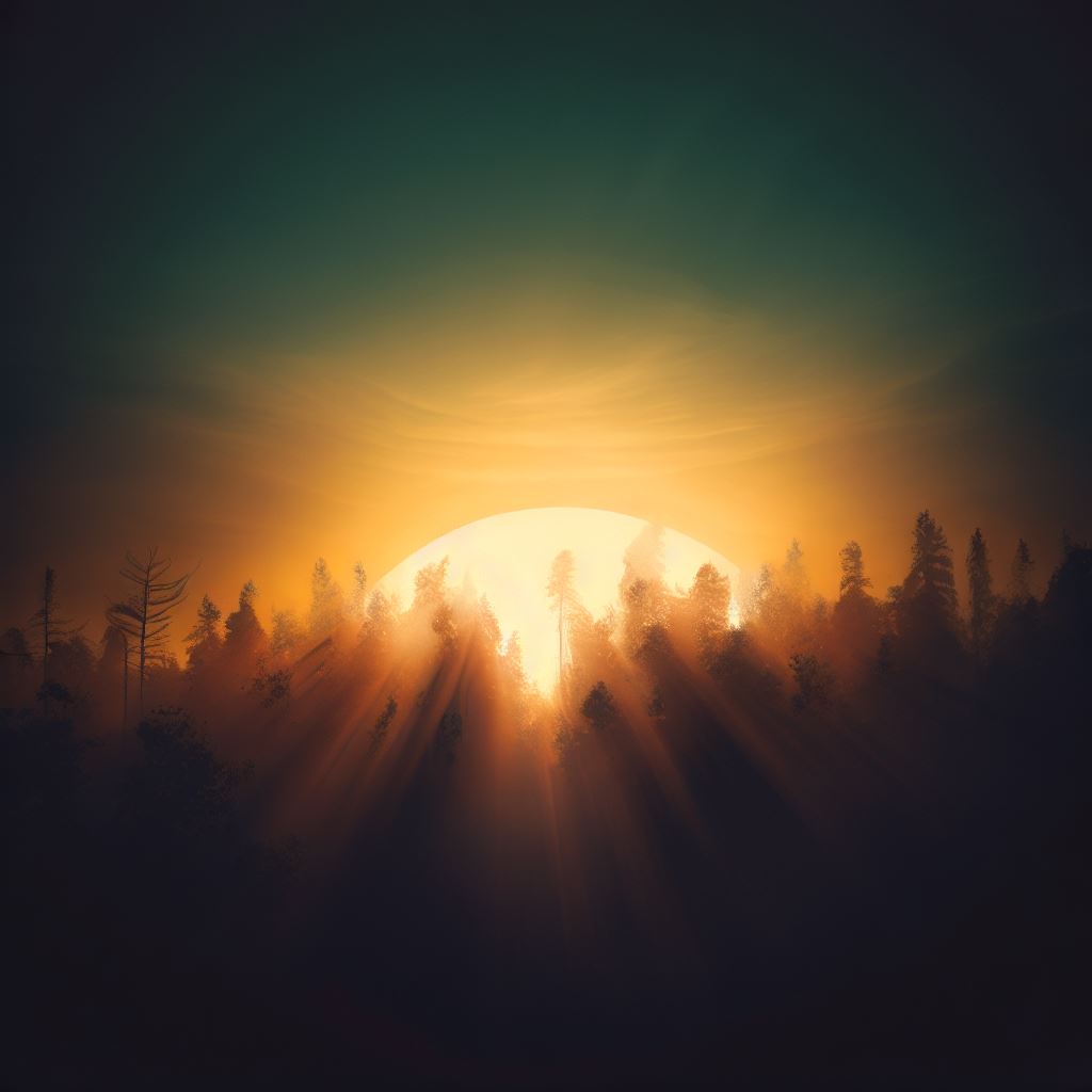 Create an image of a sun setting behind a forest