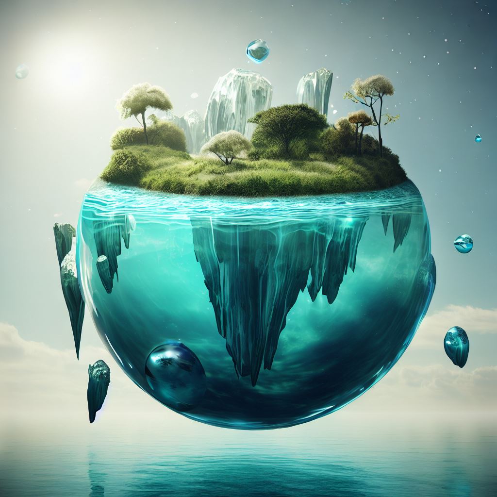 Create a surreal world globe with floating islands and crystal-clear waters.。第 3 个图像，共 4 个图像