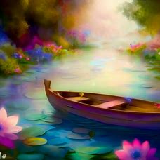 Imagine an enchanting rowboat floating on a dreamy pond with colorful flowers and lily pads.