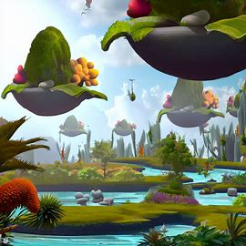 Create a surreal and happy landscape with plant life, water features and floating islands.. Image 1 of 4