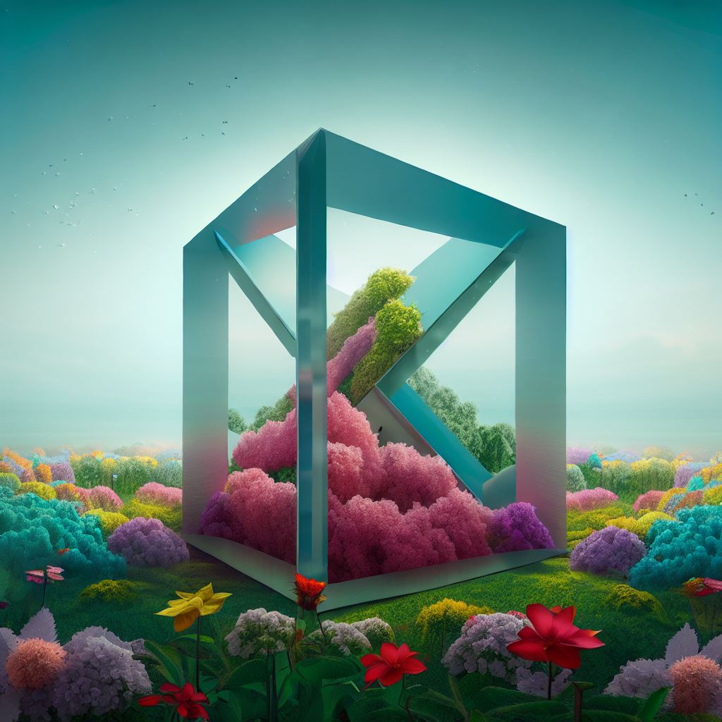 Combine a rectangular prism with a flower garden in an imaginative new way.。第 3 个图像，共 4 个图像