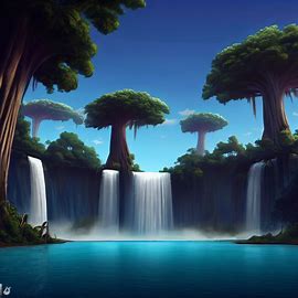 Imagine an island with towering trees and a massive waterfall cascading into a blue lagoon.. Image 1 of 4