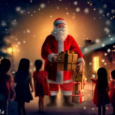 Create an image of Santa Claus delivering presents to children on Christmas Eve.