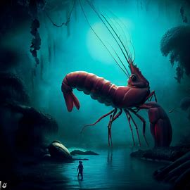 Create a surreal underwater scene with a giant shrimp as the centerpiece.. Image 3 of 4