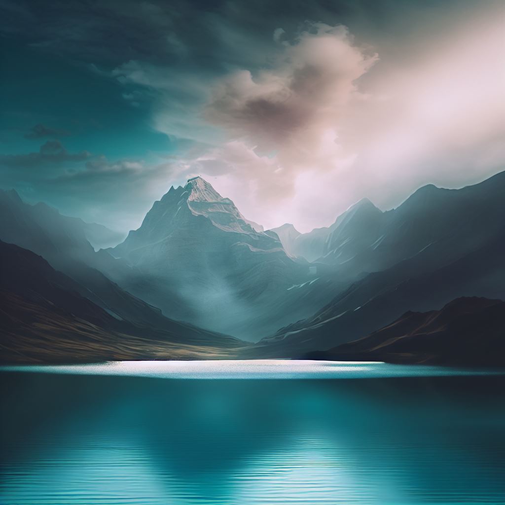 Create an image of a breathtaking mountain landscape with a crystal blue lake in the foreground.