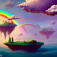 Make art of a magical world with floating islands and a rainbow