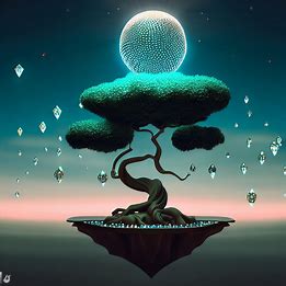 Design a surreal bonsai tree with a floating, diamond-studded moon in the background.
