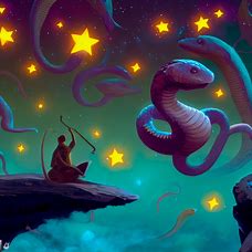 Dream up a mystical world where snakes play music and dance with the stars.