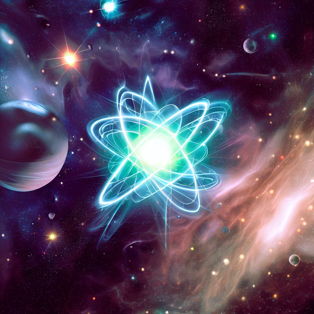 Create an image of an atom floating in outer space surrounded by stars and galaxies.