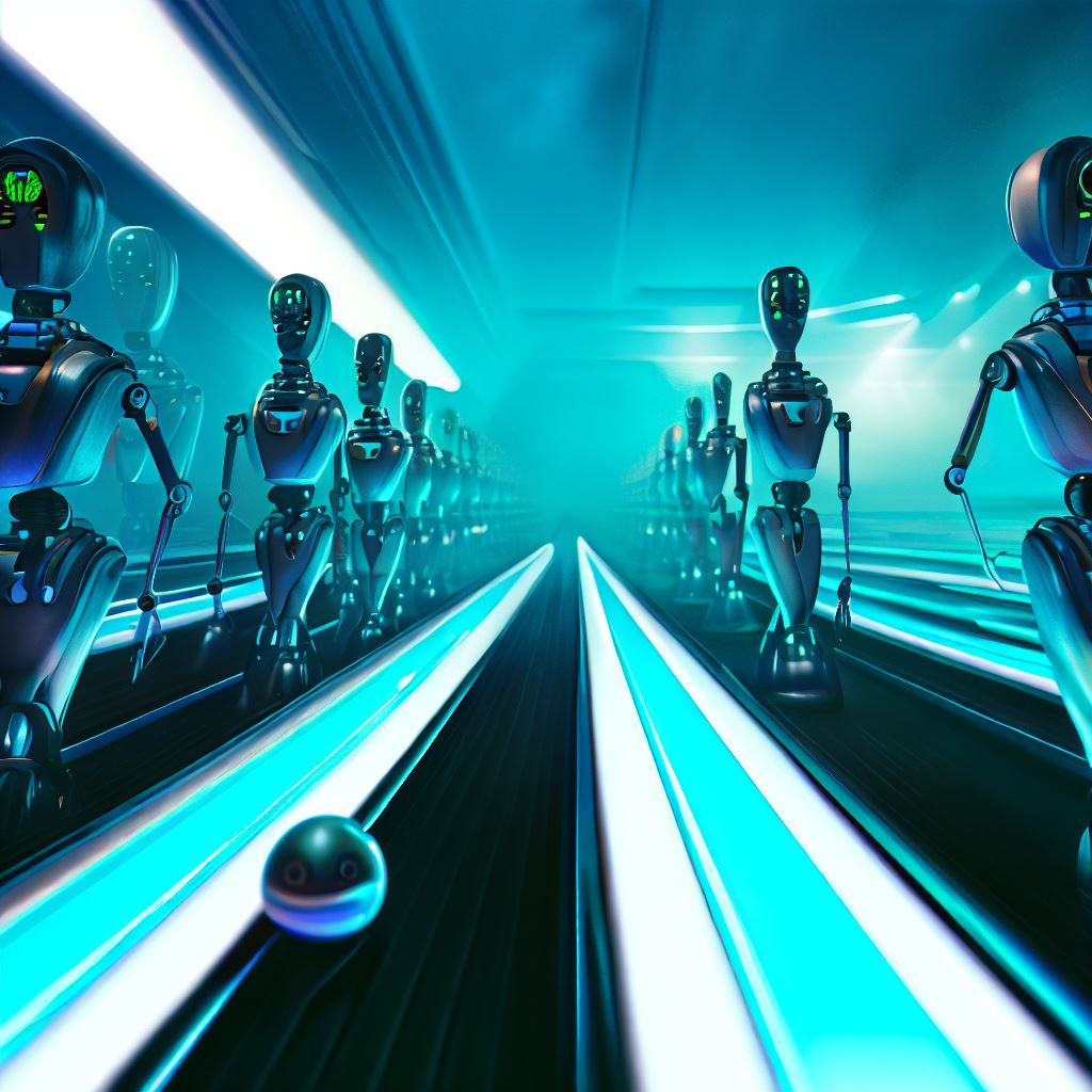 Create an image of a futuristic bowling alley where the pins are robots.