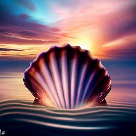 Create an image of a scallop shell with a beautiful ocean sunset in the background.. Image 2 of 4