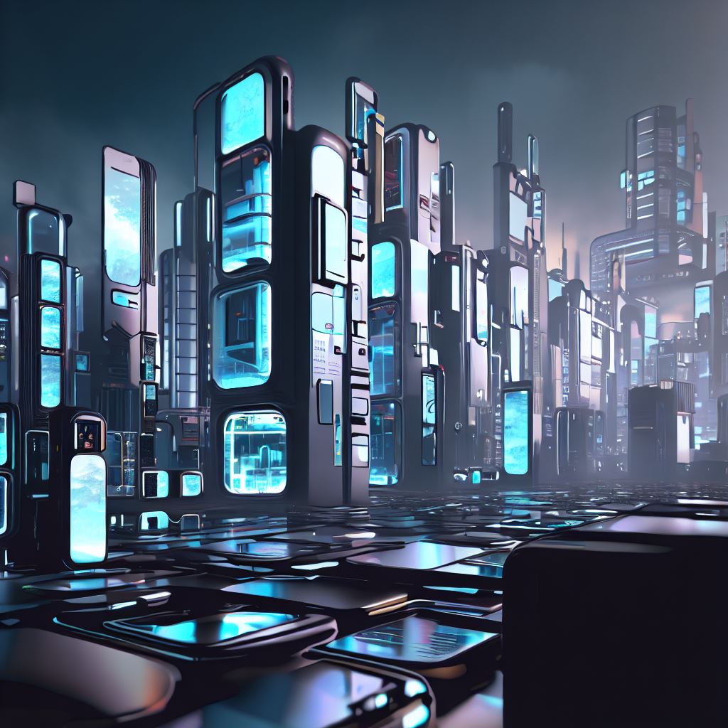 Design a futuristic city made entirely of phones, where each phone serves a different purpose.