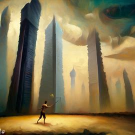 A surrealist painting of a person playing badminton in the middle of a city with towering skyscrapers as the background.. Image 4 of 4