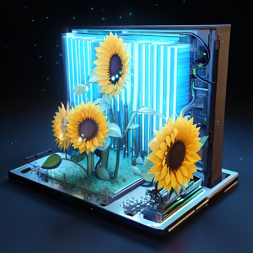 Render an image of a computer that is fully powered by sunflowers and their energy。第 2 个图像，共 4 个图像