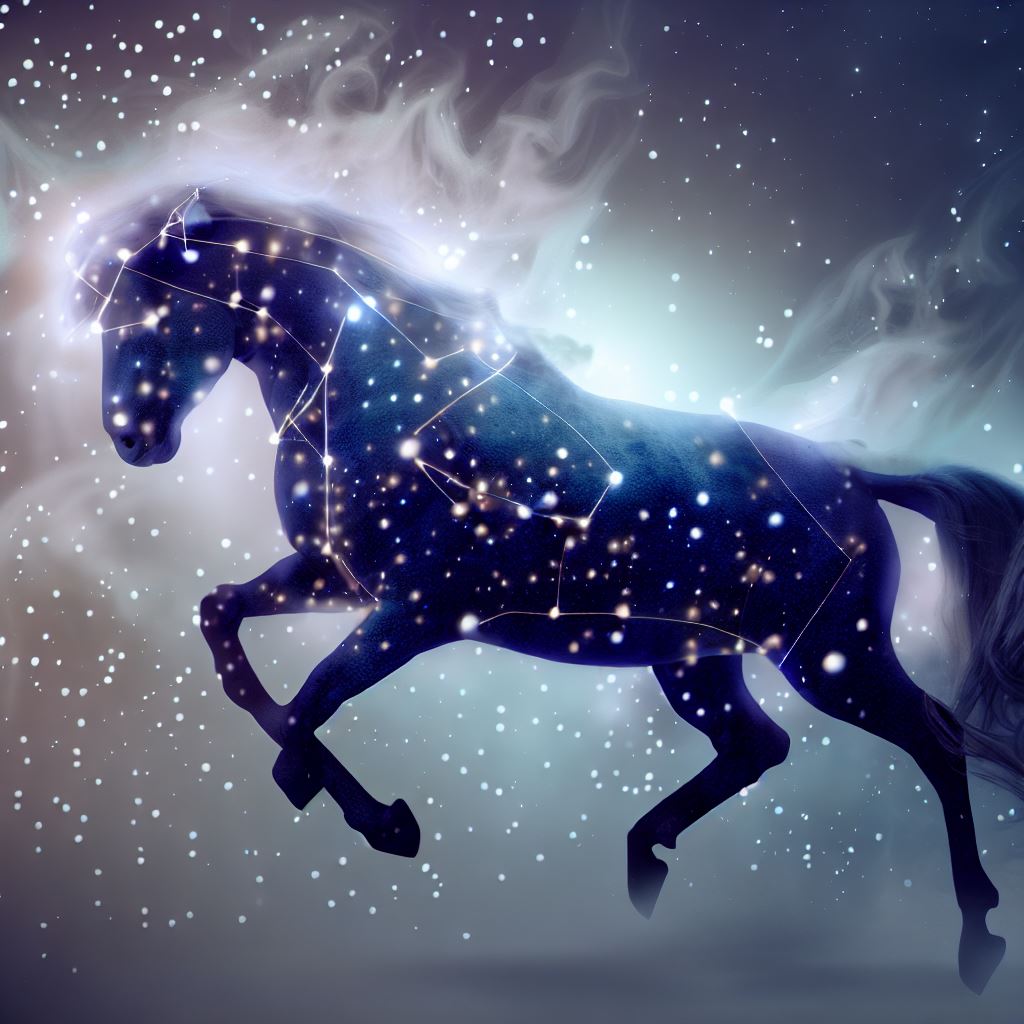 Create a magical world where a Taurus constellation comes to life and transforms into a majestic horse with starry patterns on its fur.