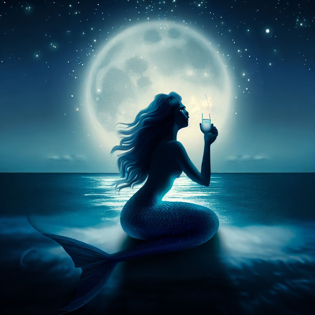 Create an image of a mermaid sipping a magical drink under the full moon