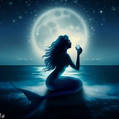 Create an image of a mermaid sipping a magical drink under the full moon