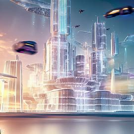 Design a futuristic city with flying cars and skyscrapers made of light and glass.. Image 4 of 4