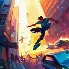 Depict a daring, parkour-style race through a bustling downtown, with athletes performing death-defying stunts and tricks.