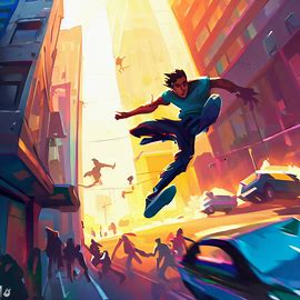 Depict a daring, parkour-style race through a bustling downtown, with athletes performing death-defying stunts and tricks.。第 1 个图像，共 4 个图像