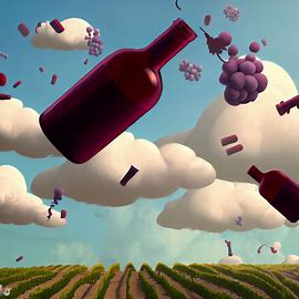 Create a surreal landscape filled with wine-filled clouds, floating corks and vines twisting into the sky.. Image 3 of 4