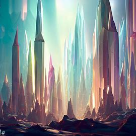What do you think a city built entirely out of quartz would look like? Envision towering spires and buildings shining in the sun, reflecting the light in a spectrum of colors.”. Image 4 of 4